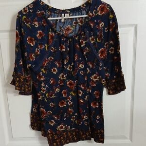 Cato Blue Floral Tunic Top with Rust and Yellow Accents